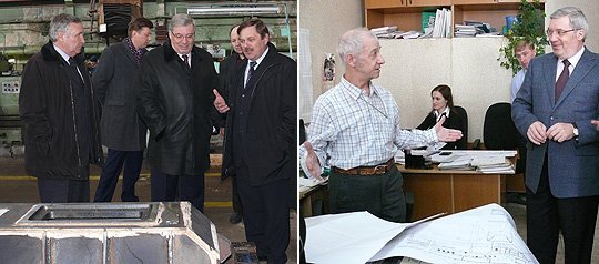 Виктор Толоконский осмотрел  производственные площадки ОАО «НПО  «Сибсельмаш» (слева - производственный цех, справа - конструкторское бюро предприятия)