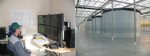 Тепличный комбинат «Новосибирский»: слева - пульт оператора, справа - емкости для хранения воды