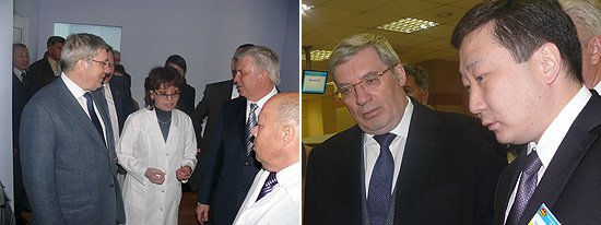 В ходе рабочей поездки в Бурятию полпред посетил Центр восточной медицины (слева) и многофункциональный центр предоставления государственных и муниципальных услуг (справа - руководитель центра Виктор Иванов демонстрирует возможности электронного терминала)