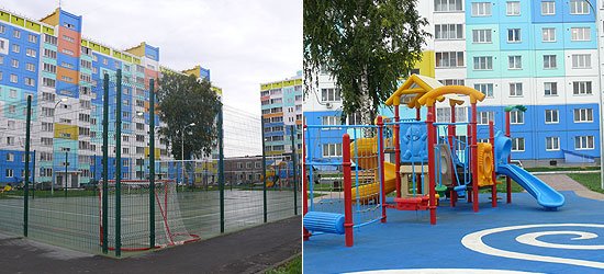 Спортивная площадка с многофункциональным покрытием для игры в теннис, волейбол и баскетбол и детский городок