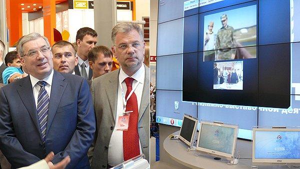 Прямая связь с полигоном в поселке Светлый Омской области, где пройдет демонстрация огневых и эксплуатационных характеристик вооружения и военной техники. На фото рядом с полномочным представителем - заместитель генерального директора государственной корпорации «Ростехнологии» Дмитрий Шугаев